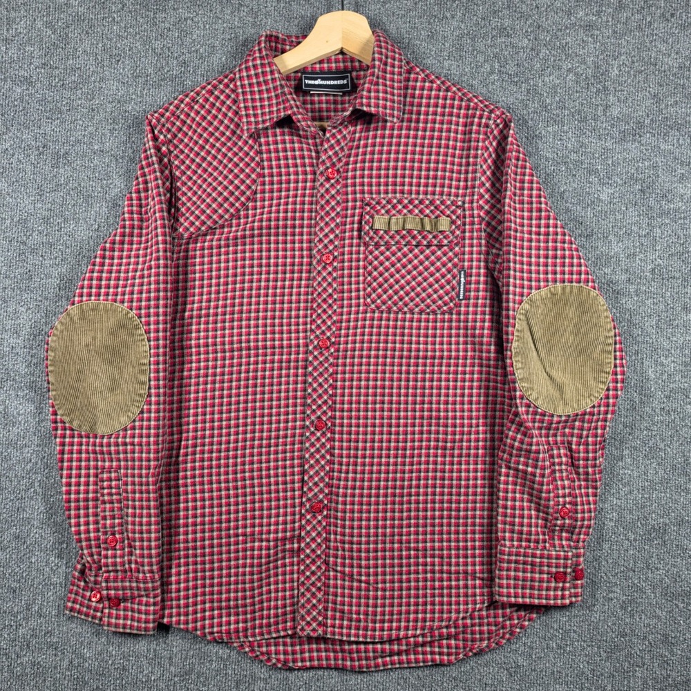 The Hundreds Button Up Shirt Mens Medium Gingham Plaid Corduroy Elbow Patch Red